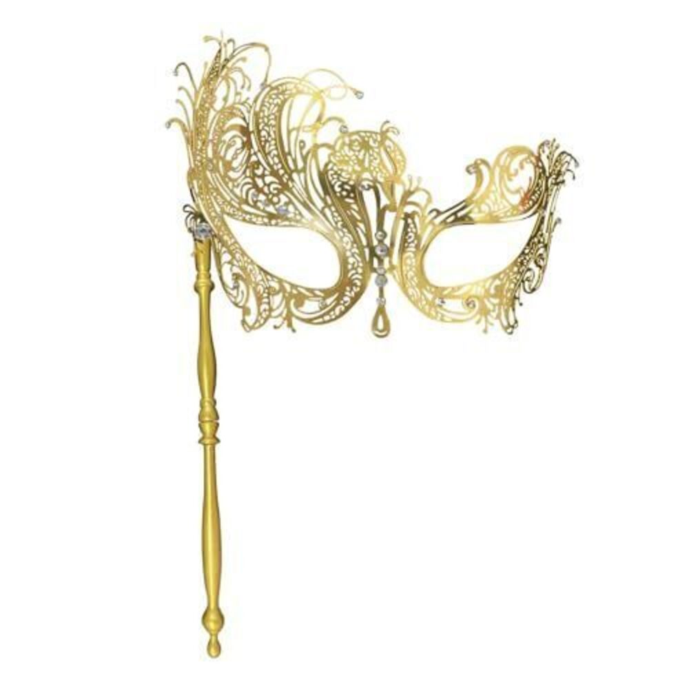 6078 Masquerade Mask with Stick Gold Shiny Metal Masks for Mardi Gras